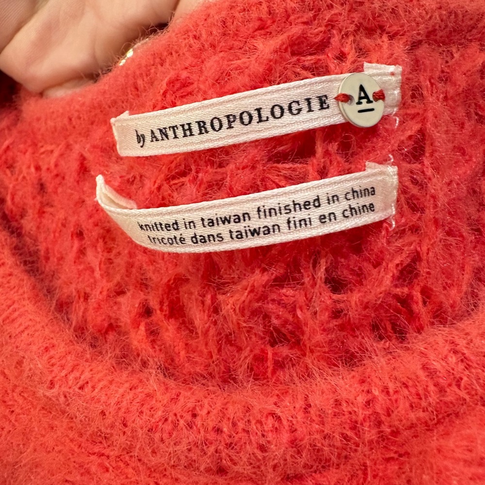 Anthropologie Women Ruffle Boat Neck Fuzzy Knit Sweater Coral Cottagecore Small - Picture 6 of 6